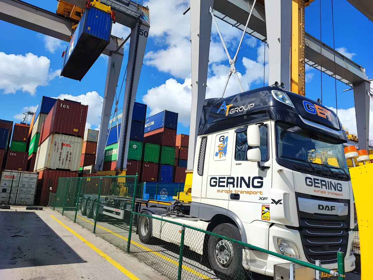 One of our own trucks collecting a container at a terminal